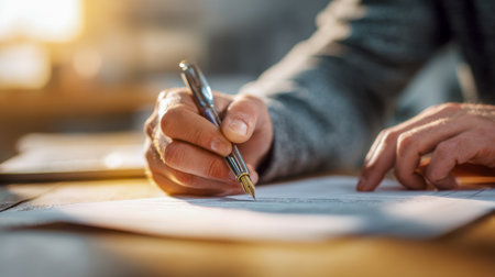 A hand gracefully guides a sleek silver pen across pristine white paper, illuminated by gentle sunlight, capturing a moment of thoughtful creation on a wooden surfacの写真素材