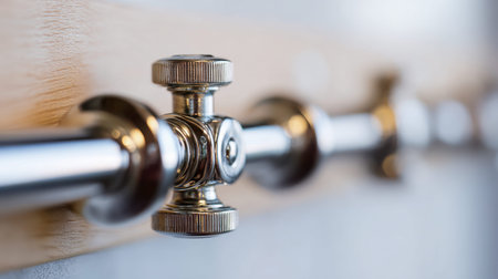 A sleek, reflective metal valve featuring textured knobs, connected to a horizontal chrome pipe...