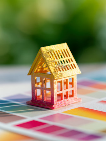 A charming miniature wooden house painted in vivid hues rests on a lively palette chart, illuminated by bright sunlight, with lush greenery softly blurring in the baの写真素材