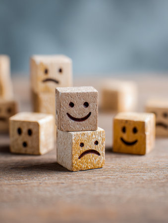 A close-up of handcrafted wooden blocks featuring cheerful and somber expressions, layered in a playful arrangement to represent the spectrum of human feelings.の写真素材