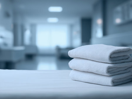 Immaculately folded white linens rest on a pristine bed in a serene hospital lounge, illuminated with gentle lighting and a softly blurred contemporary setting.の写真素材
