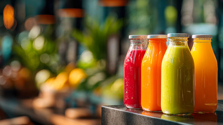 Bright, eye-catching bottles of freshly pressed juices sit on a shiny surface, their vivid hues reflecting health, vitality, and natural well-being with a softly bluの写真素材