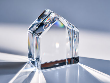 A luminous glass house miniature reflects vibrant hues and radiates beams of light onto a sleek surface, with a gentle, out-of-focus backdrop enhancing its delicateの写真素材