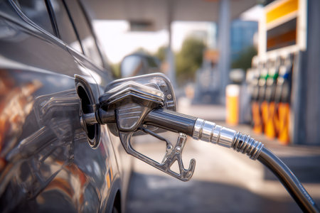 A sleek fuel nozzle is engaged with a car?s tank at a contemporary station, with soft-focused pumps...