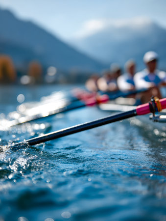 A coordinated crew glides across a serene lake, their oars slicing through the water in perfect harmony, set against towering mountains beneath a bright, clear sky.の写真素材