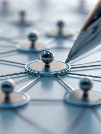 A sleek pen directs attention to a central hub linked to various surrounding nodes, illustrating modern interconnectedness and digital network relationships.の写真素材