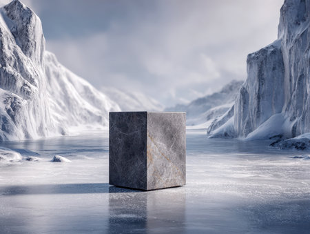 A massive angular stone block rests upon a glassy, frost-covered lake, encircled by imposing snow-clad peaks under a brooding, overcast sky in a chilly winter scene.の写真素材