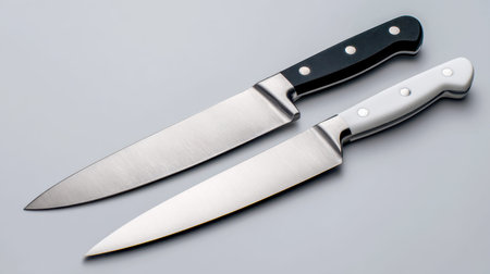 Sleek, professional-grade knives with reflective blades and textured ergonomic grips in contrasting...