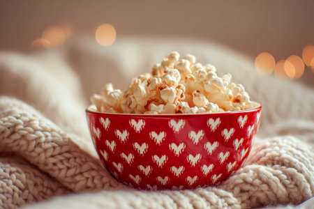 A inviting scene features a steaming popcorn-filled bowl nestled on a soft knitted blanket, with gentle glowing lights enhancing a warm, peaceful ambiance perfect foの写真素材