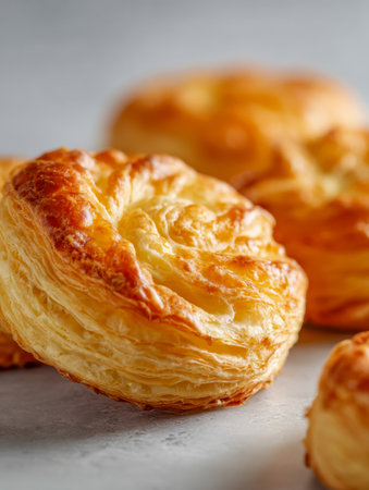 A beautifully crafted golden pastry featuring intricate swirl patterns, highlighting flaky, crisp layers and tender textures displayed on a simple, neutral backdrop.の写真素材