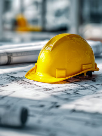 A vibrant workspace scene featuring a safety helmet atop detailed blueprints and rolled plans, highlighting planning, safety, and innovation in building projectsの写真素材