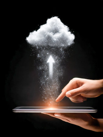A user engages with a sleek digital device amidst a dark setting, illuminated by a luminous cloud...