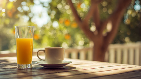 Bright morning light filters over a rustic wooden surface, showing a tangy orange drink and a cozy coffee cup, with a tranquil garden awakening in the background.の写真素材