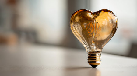 An amber glass heart-shaped bulb rests on a minimalist surface amid a gentle, out-of-focus backdrop, evoking passion and imaginative ideas.の写真素材