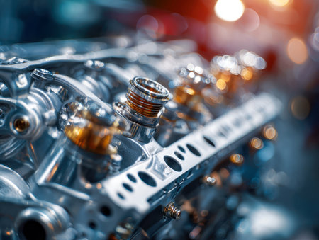A close-up of a sleek, metallic engine part featuring complex mechanisms and gleaming surfaces, softly illuminated by warm lighting for a sophisticated industrial apの写真素材