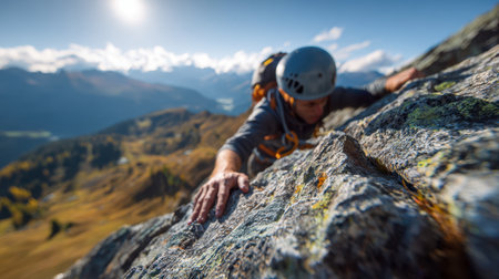 An adventurous climber in a tough ascent, donned in safety gear, navigates rugged terrain against a breathtaking natural vista on a sunny day.の写真素材