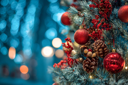 Lush pine sprigs decorated with vibrant red baubles, rustic pine cones, and bright berries emit a cozy glow, set against a soft-focus holiday lights backdrop.の写真素材