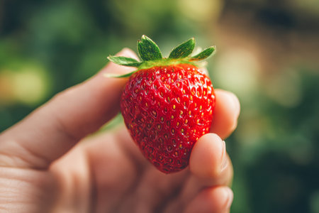 A juicy, scarlet fruit gently pinched between fingertips, contrasted by fresh green foliage, set against a cozy, sunlit nature backdrop.の写真素材
