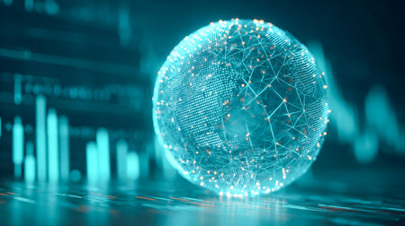 A luminous digital sphere featuring bright connection nodes showcases worldwide communication and data exchange in a sleek, tech-inspired visual setting.の写真素材