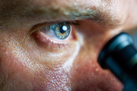 A focused researcher scrutinizes microscopic samples in a modern lab, showcasing meticulous attention and a dedication to scientific discovery amid a technical envirの写真素材