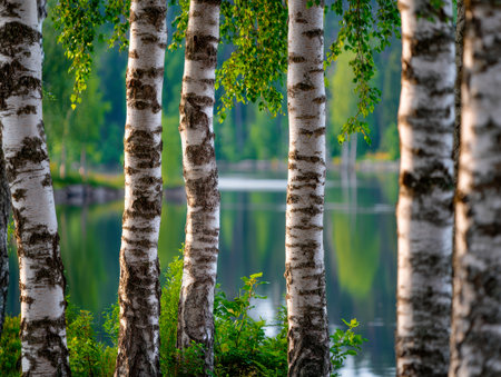 Slender birch trunks with bright white bark reflect gently on a tranquil lake, framed by vibrant foliage in a quiet, untouched woodland landscape.の写真素材
