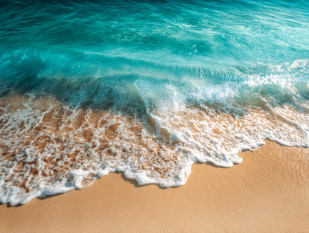 Calm, crystal-clear waters gently caress golden sands beneath a radiant sky, capturing peacefulness and natural beauty on a serene coastal day.の写真素材