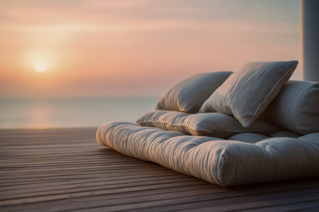 A plush outdoor seat rests on a wooden platform, basking in the soft glow of dawn, embodied tranquil simplicity and contemporary leisure by the ocean.の写真素材