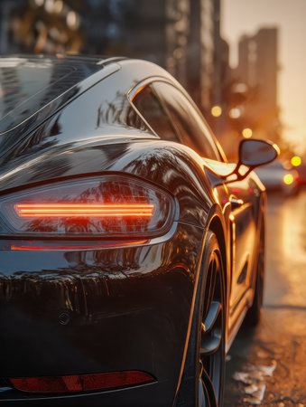A polished dark sports vehicle's rear illumination casts a vibrant glow on shimmering wet streets, illuminated by golden sunlight, with city lights softly blurred beの写真素材