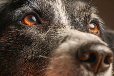 A soulful dog gazes intently beyond the frame, revealing intricate fur patterns and shimmering amber eyes set against a cozy, earthy backdrop.の写真素材