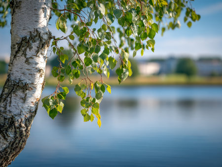 Dappled sunlight filters through lush green foliage, casting tranquil reflections on still water that mirrors a clear summer sky, evoking serenity and natural beautyの写真素材