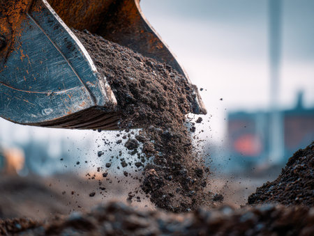 A heavy-duty excavator drops a load of new earth onto a building site, with an out-of-focus industrial landscape in the background under bright daylight.の写真素材