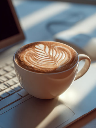 A comforting brew rests atop a sleek laptop, sunlight filtering through, infusing a peaceful warmth that transforms the workspace into a serene morning retreat.の写真素材