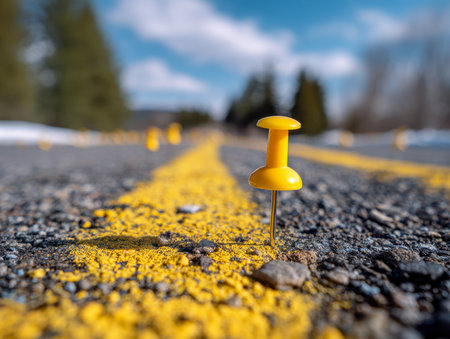 Bright yellow pins punctuate the rough asphalt surface, aligned along vivid centerlines under a crisp blue sky, with distant trees softly blurred in the background.の写真素材