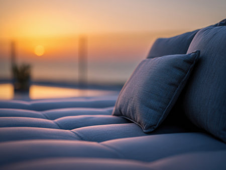A tranquil seaside retreat features a plush blue chair, inviting a restful pause with a gentle cushion, capturing the calm glow of sunset over serene waters.の写真素材