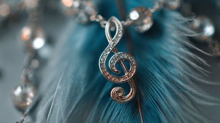 A graceful musical symbol encrusted with shimmering stones gently rests atop vivid blue feathers, set against a softly glowing, sparkling backdrop that evokes a whimの写真素材