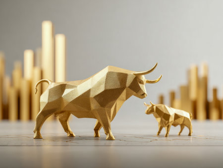 Bright gold bull figures with angular shapes stand prominently against a blurred backdrop of soft vertical lines, evoking themes of growth, strength, and market dynaの写真素材