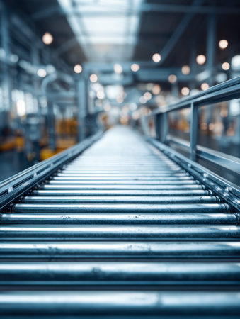 Streamlined metal rollers form a continuous pathway under vibrant ceiling lights, guiding items through an expansive manufacturing plant with machinery fading into tの写真素材