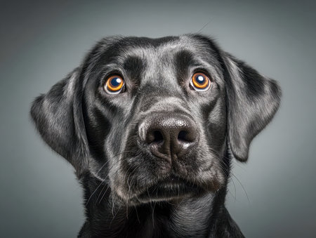 A striking black canine with luminous eyes and richly textured fur gazes inquisitively, set against a gentle gradient backdrop that captures devotion and wonder.の写真素材