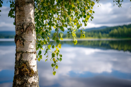 A slender birch with lush green foliage drapes over a calm lake, mirroring the overcast sky and distant woods on a serene summer afternoon.の写真素材