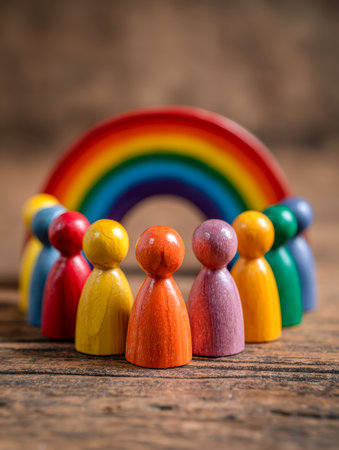 A vivid collection of handcrafted wooden figures forming a circle, celebrating inclusion and harmony, set against a lively rainbow overhead on aged wooden planks.の写真素材