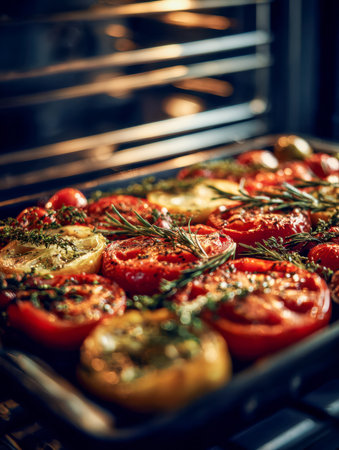 Juicy tomatoes and fragrant herbs roasted to perfection, their vivid hues enhanced by warm oven light, creating a mouthwatering, rustic culinary scene.の写真素材