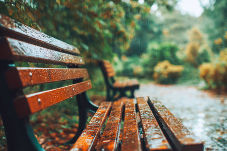 Quiet park benches, damp and shimmering with lingering rain, rest beneath vibrant autumn leaves and dense greenery, evoking a serene, reflective atmosphere.の写真素材