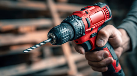 A hand firmly grips a vibrant red cordless power tool fitted with a sharp metal spiral bit, set against a busy workshop backdrop, signaling readiness for hands-on buの写真素材