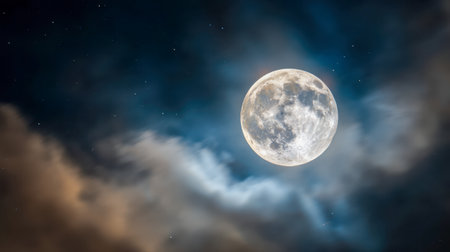 A luminous full moon illuminates the dark sky, delicately encircled by gentle clouds and shimmering stars, evoking peace and wonder in a tranquil night setting.の写真素材