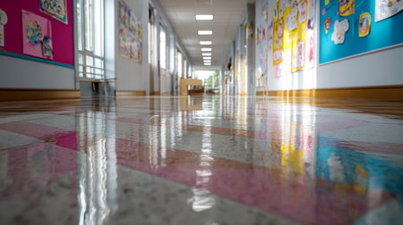 A lively school corridor bathed in natural daylight, featuring shiny floors and vibrant student art projects adorning the cheerful walls.の写真素材