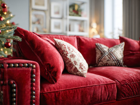 A warm, inviting living room corner featuring a plush crimson velvet sofa adorned with elegant patterned cushions, complemented by shimmering holiday ornaments for aの写真素材