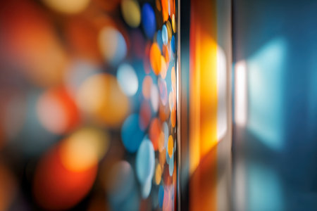 An artistic display of luminous hues blending on glossy surfaces, forming lively, fluid shapes in warm orange, cool blue, and bright yellow tones.の写真素材