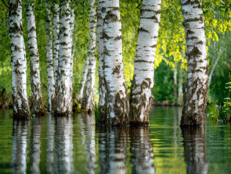 Serene birch trunks emerge from still waters, framed by vibrant green leaves, capturing a quiet moment of harmony in a lush forest setting under bright daylight.の写真素材