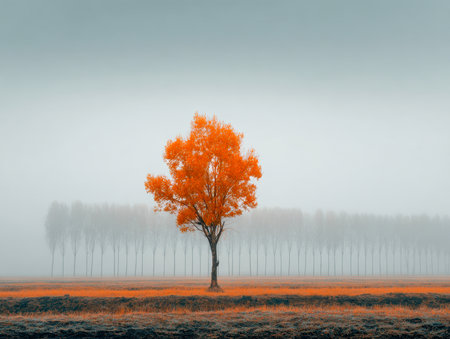 Amidst a gentle morning haze, a striking orange tree stands solitary in a wide, tranquil field, with faint silhouettes of distant trees dissolving into the mist.の写真素材