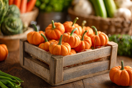 A weathered wooden basket brimming with vibrant orange mini pumpkins sits atop a rustic table, encircled by an assortment of crisp vegetables in a warm market ambianの写真素材
